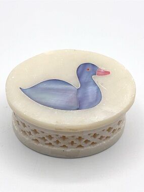 Vintage Made In India Carved Stone Duck Inlay Trinket Box Jewelry Keepsake Box
